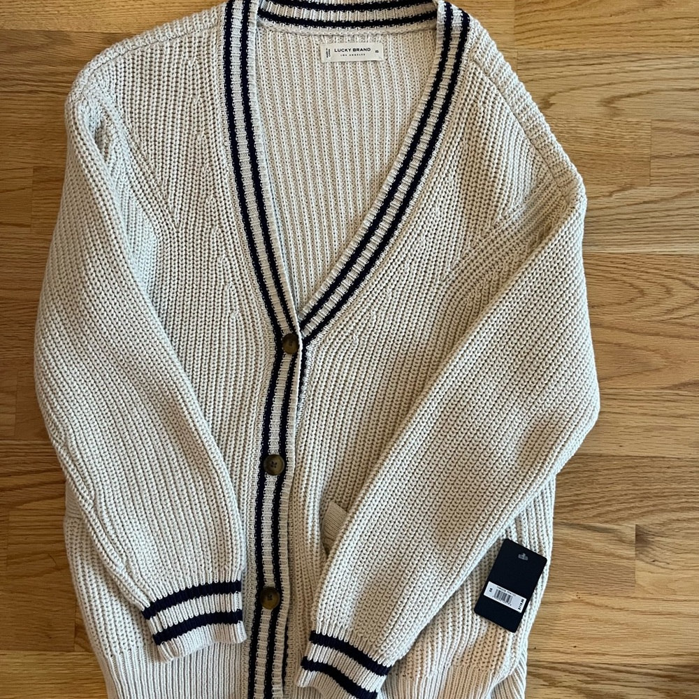 NEW with tags. Lucky Brand long cream and navy cardigan. XS.